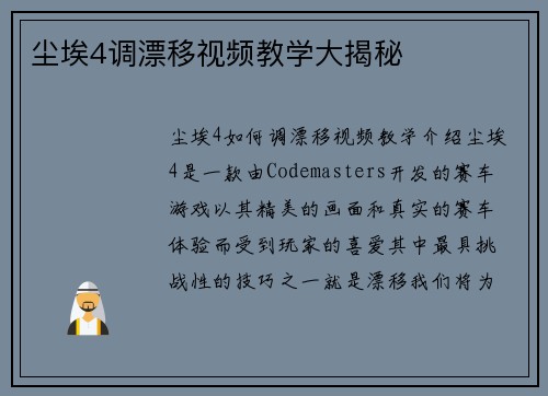 尘埃4调漂移视频教学大揭秘